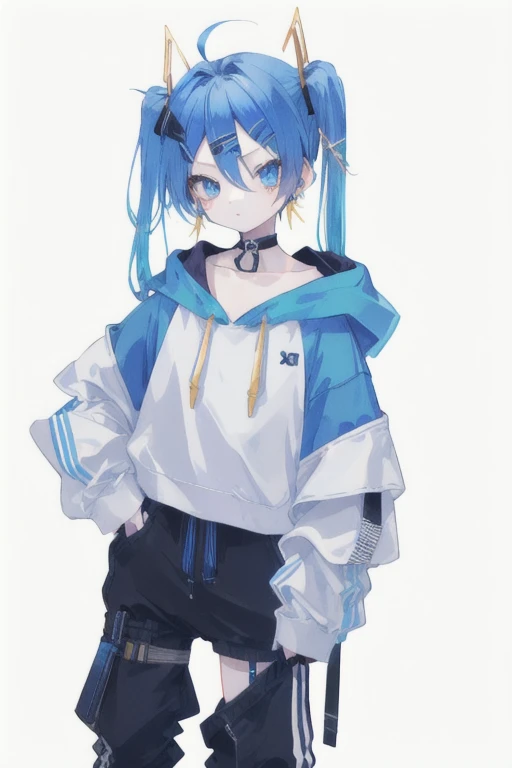 (melhor qualidade, obra de arte), 1 garota, capuz, Cabelo comprido azul claro, Rua, agachado, olhando para o espectador, gorro, saia, inventar, piercing, pantyhose,
