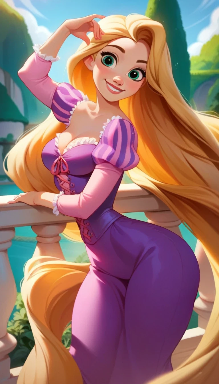 score_9, score_8_up, score_7_up, score_6_up, RapunzelWaifu in a balcony in the top of a tower, leaning forward, cute pose, medium breasts, narrow waist, wide hips, thick thighs, smile, blue eyes, purple dress, puffy sleeves, very long hair, blonde, green eyes, anime style, looking at viewer, cute, detailed landscape, cowboy shot, cartoon, 4k, masterpiece, big breasts
 