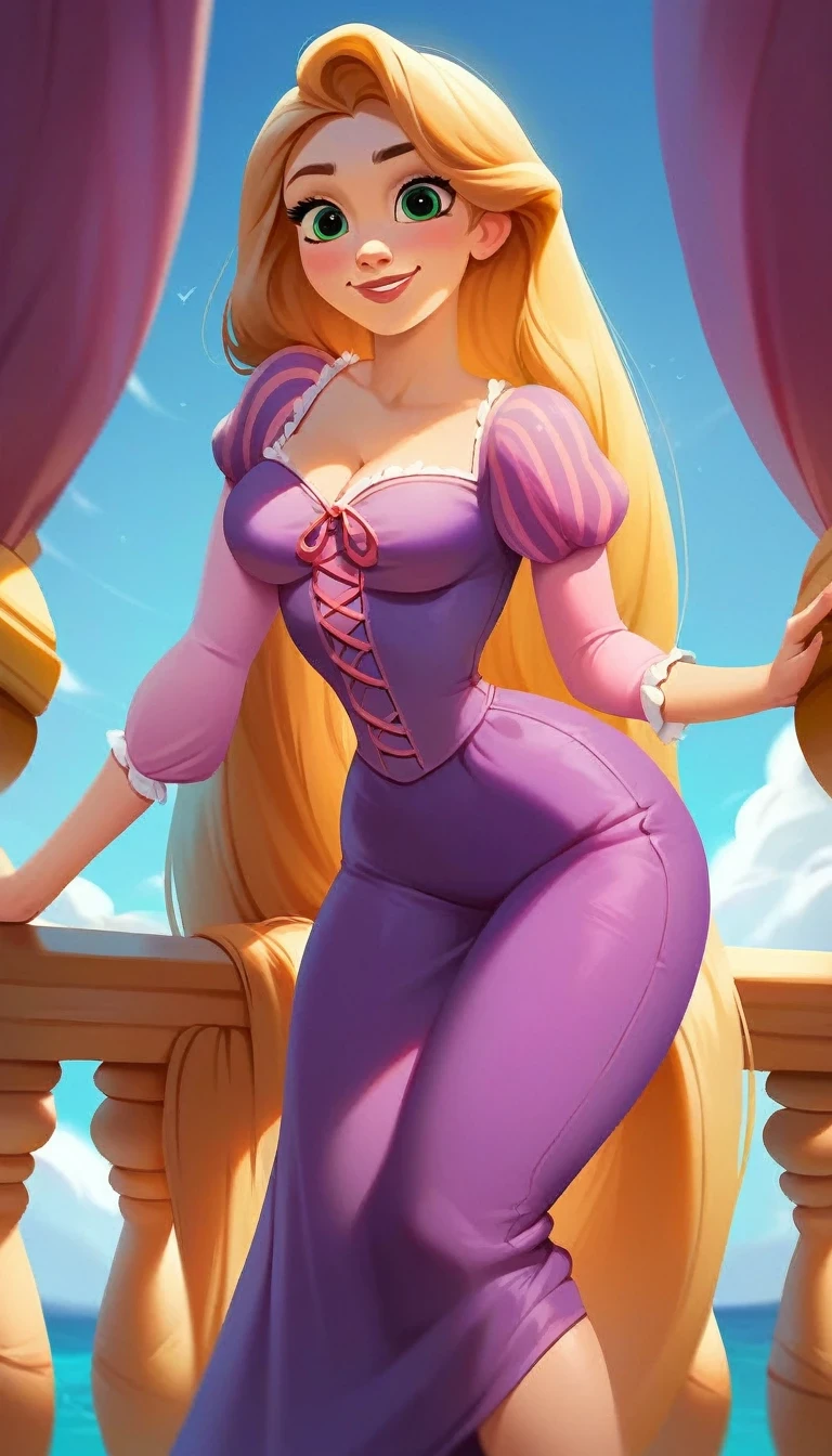 score_9, score_8_up, score_7_up, score_6_up, RapunzelWaifu in a balcony in the top of a tower, leaning forward, cute pose, medium breasts, narrow waist, wide hips, thick thighs, smile, blue eyes, purple dress, puffy sleeves, very long hair, blonde, green eyes, anime style, looking at viewer, cute, detailed landscape, cowboy shot, cartoon, 4k, masterpiece, big breasts
 