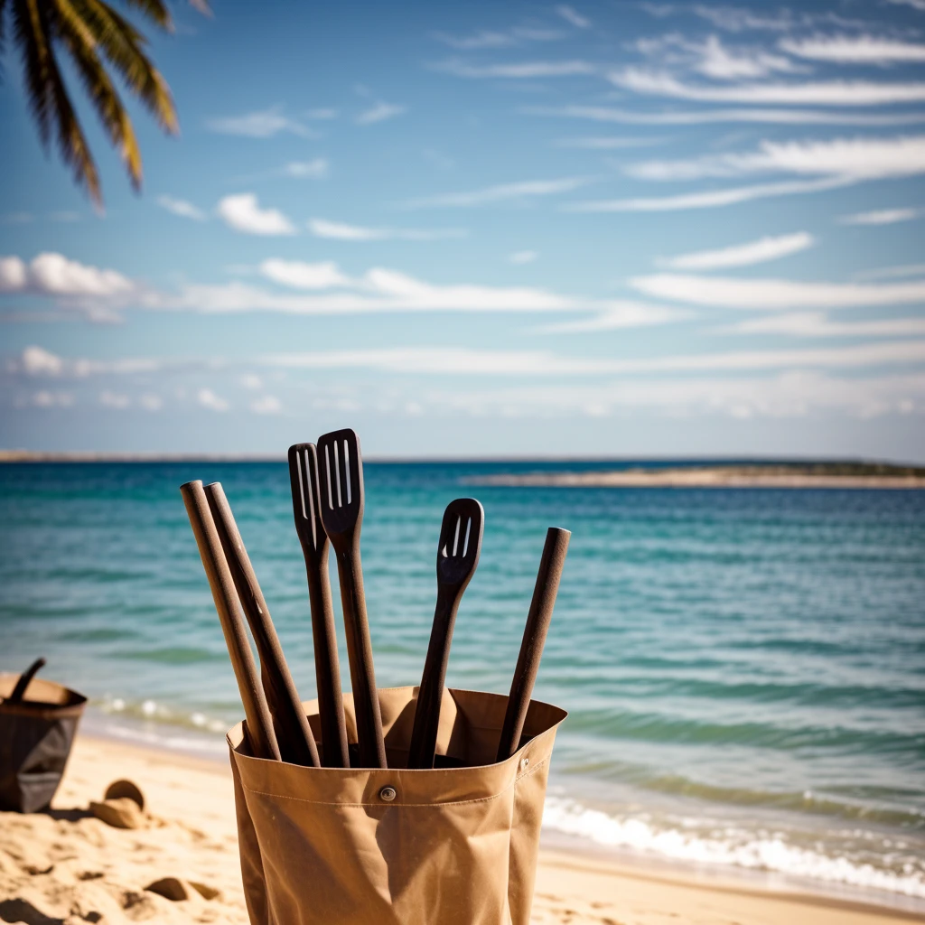 Meisterwerk, beste Qualität, filmisches Foto von Eine Tasche mit 5 Schaufeln am Strand , Foto, Film, highres