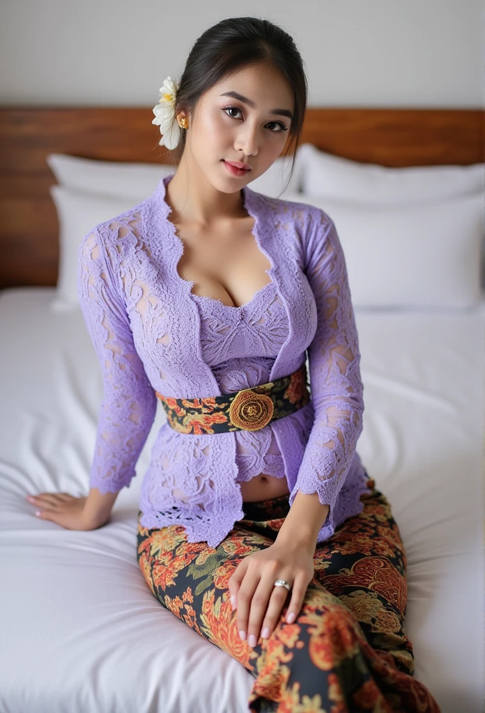 medium close up pretty Indonesian young woman wearing a purple kebaya with a white hijab and a batik skirt lying on her back leaning on one arm ON THE BED, cleavage cutout, long open legs wrapped in traditional batik cloth, 