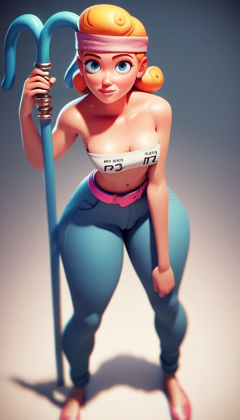 punctuation_9, punctuation_8_High above, punctuation_7_High above, punctuation_6_High, camel toe, BobeepXLP, holding staff, naked, pants, pink belt, shorth hair, headband, medium breasts, narrow waisted, Broad Hips, thick-thighs, gazing at viewer, cowboy shot, dynamic pose, ssmile, cute, wide plan, standing alone, leaning forward,
Character,