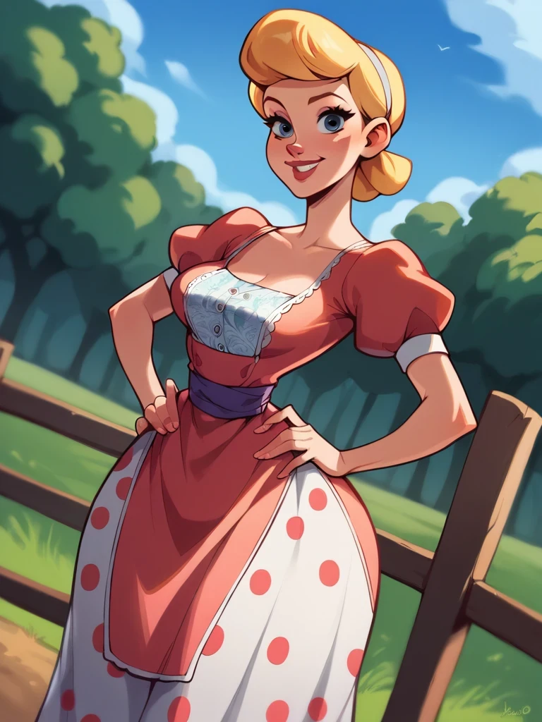 score_9, score_8_up, score_7_up, score_6_up, BobeepXLP leaning forward, hands on hips, dress, puffy sleeves, big skirt, skirt whit polka dot print, short hair, medium breasts, narrow waist, wide hips, thick thighs, looking at viewer, cowboy shot, dynamic pose, smile, cute, wide shot, solo, farm, disney, dutch angle, open clothes, 
 