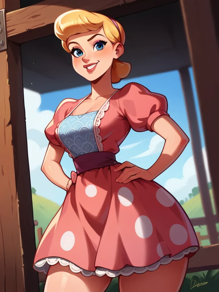 score_9, score_8_up, score_7_up, score_6_up, BobeepXLP leaning forward, hands on hips, dress, puffy sleeves, big skirt, skirt whit polka dot print, short hair, medium breasts, narrow waist, wide hips, thick thighs, looking at viewer, cowboy shot, dynamic pose, smile, cute, wide shot, solo, farm, disney, dutch angle, open clothes, 
 