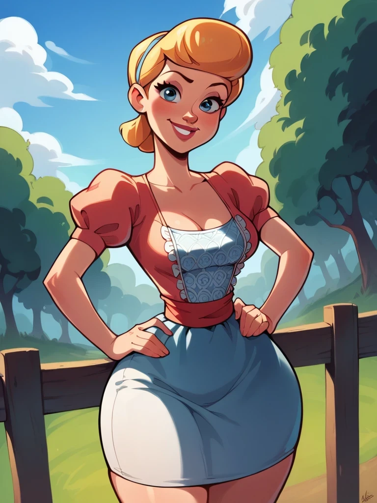 score_9, score_8_up, score_7_up, score_6_up, BobeepXLP leaning forward, hands on hips, dress, puffy sleeves, big skirt, skirt whit polka dot print, short hair, medium breasts, narrow waist, wide hips, thick thighs, looking at viewer, cowboy shot, dynamic pose, smile, cute, wide shot, solo, farm, disney, dutch angle, open clothes, 
 