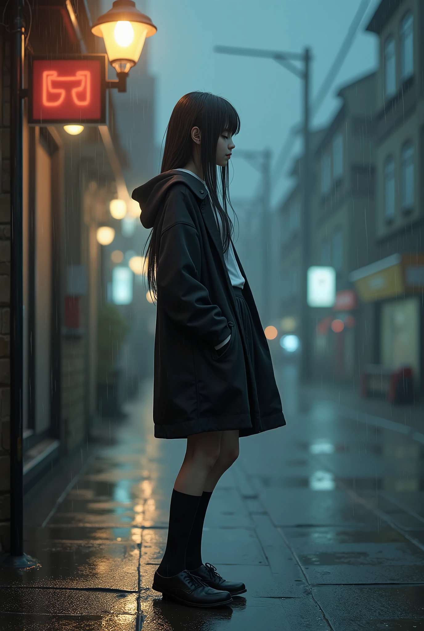A dark, cinematic scene featuring an anonymous girl with a mysterious aura. She stands alone in a dimly lit alleyway, rain pouring down, her face partially hidden by shadows and a hood. Neon lights flicker in the background, casting eerie reflections on the wet pavement. The atmosphere is tense and macabre, with an underlying sense of danger and complexity. The girl's eyes reveal a mix of determination and vulnerability, hinting at a deeper, more complicated story.