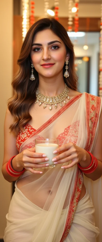 extreme close up photo of traditional Indian woman, perfect thick figure, seductive eyes, looking at viewer, sultry, wearing an elegant cream transparent saree with a rich red border showing deep navel. She is adorned with traditional gold jewelry, including a necklace with pendants and matching earrings, and has jasmine flowers in her neatly tied hair. Her wrists are decorated with red glass bangles, and she holds a glass of milk in her hands with a serene smile. The setting is a festive indoor environment with hanging flower garlands in the background, exuding a warm and celebratory atmosphere. The lighting is soft, highlighting her features and the intricate details of her attire, 4K, HD
