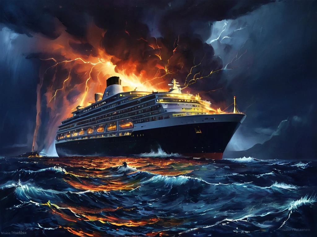 A large cruise ship sailing in a stormy ocean at night, with a volcanic eruption in the background and lightning flashing in the sky. The ship is illuminated against the dark, dramatic sky and waves