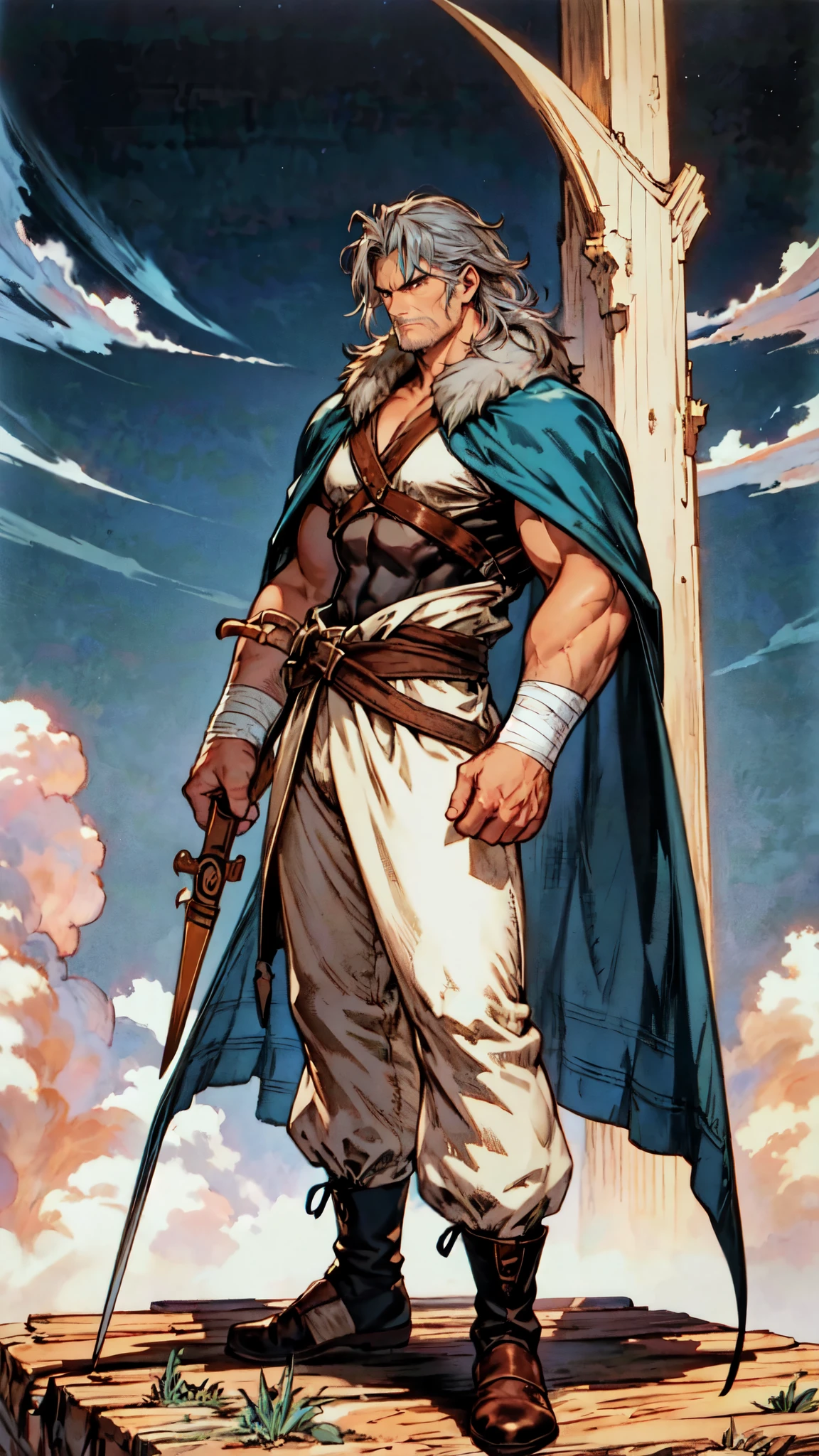 (masterpiece:1.2, best quality:1.2, extremely delicate:1.2), ((male:1.5)), a middle-aged man with slicked-back brown long hair, golden parted bangs, raised thick eyebrows, sharp eyes, rugged features, a full beard, a confident smile, tall and sturdy build, a fantasy martial arts style white open-chest silk coat with a long hem, a yellow shawl, long gloves, a leather belt, canvas trousers, standing in a sunny desert oasis, this character embodies a finely crafted fantasy martial arts style desert ruler in anime style, exquisite and mature manga art style, dramatic, high definition, highres, ultra-detailed, ultra-fine painting, professional, perfect body proportions, golden ratio, anatomically correct, symmetrical face, extremely detailed eyes and face, high quality eyes, creativity, RAW photo, UHD, 32k, Natural light, cinematic lighting, (masterpiece-anatomy-perfect:1.2)