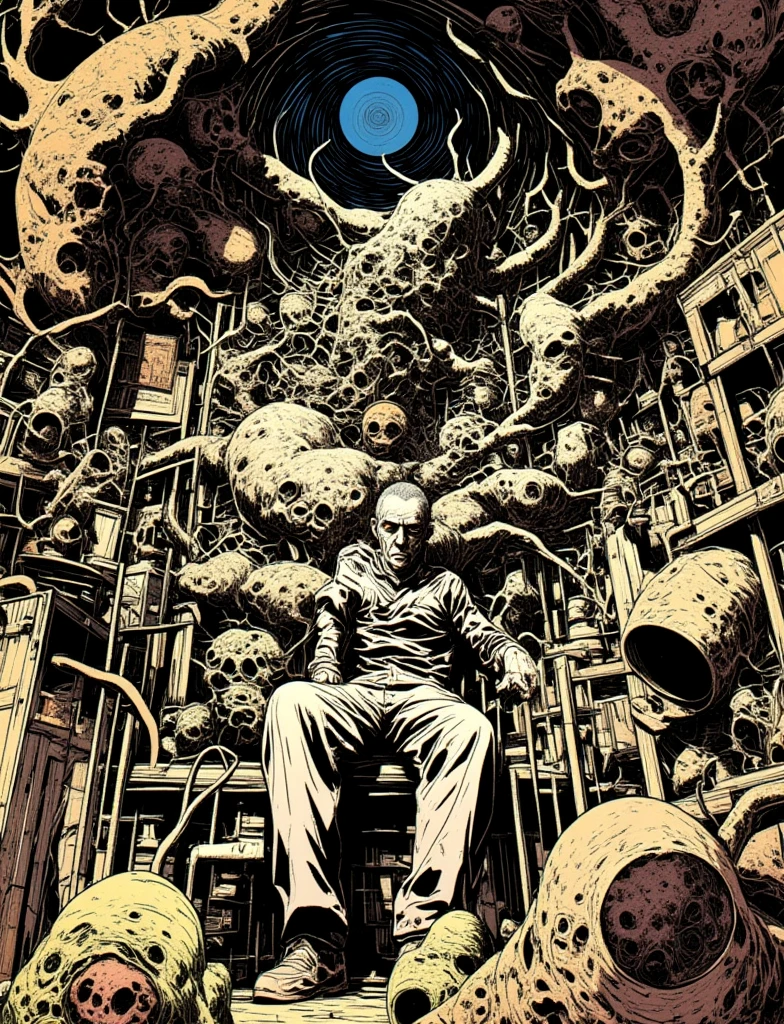  Illustration of a middle-aged man sitting in a room with lots of things、junji ito’s uzumaki、Kazuo Umezu Artwork、 by Junni Ito 、 psychedelic、LSD Manga 、Swirl