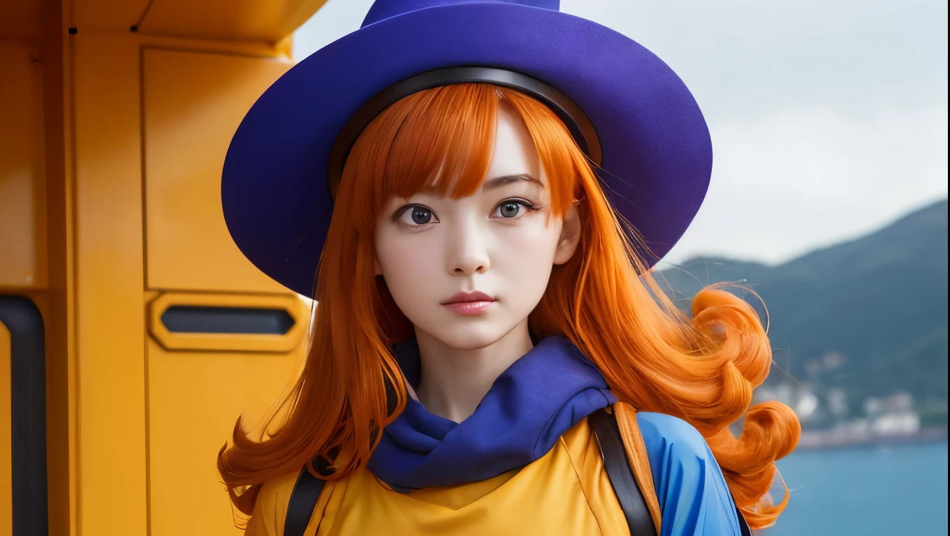 Girl、 has orange wavy hair and purple eyes。Wear a big blue hat、 also wears a blue cloak 。 serious expressions、Wears a yellow tunic 、 has a waist tightened with black tights and a belt 。 wears orange gloves on her hands 、 wears orange boots around her feet 。Travels on a ship 、On board、Land can be seen in the distance