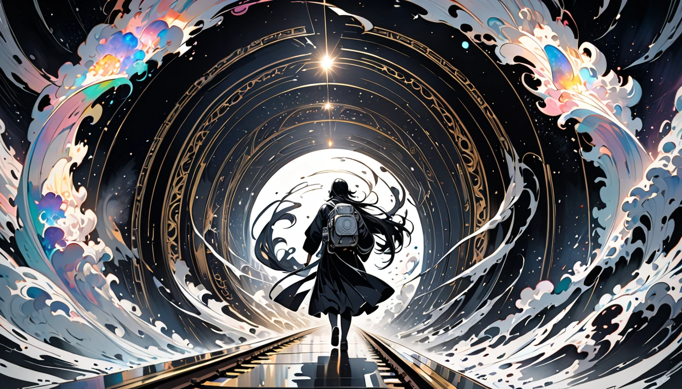 An ethereal train adorned with celestial patterns and divine symbols of Hindu gods racing towards a colossal ornate gate, The scene captures the precise moment of impact as the train begins to dissolve and vanish into the swirling mystical energy of the gate, The train depicted in monochrome tones with hints of ethereal light appears to be tearing through the very fabric of space-time, Styled like a traditional sumi-e (watercolor) painting this dynamic and grandiose cosmic journey is set against a void-like background to emphasize the otherworldly atmosphere, chromatic aberration abuse, UHD, retina, masterpiece, accurate, super detail, high details, high quality, 16k, award winning