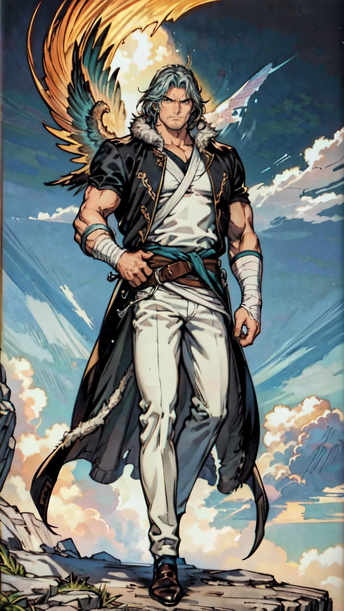 (masterpiece:1.2, best quality:1.2, extremely delicate:1.2), ((male:1.5)), a middle-aged man with slicked-back brown long hair, golden parted bangs, raised thick eyebrows, sharp eyes, rugged features, a full beard, a confident smile, tall and sturdy build, a fantasy martial arts style white open-chest silk coat with a long hem, a yellow shawl, long gloves, a leather belt, canvas trousers, standing in a sunny desert oasis, this character embodies a finely crafted fantasy martial arts style desert ruler in anime style, exquisite and mature manga art style, dramatic, high definition, highres, ultra-detailed, ultra-fine painting, professional, perfect body proportions, golden ratio, anatomically correct, symmetrical face, extremely detailed eyes and face, high quality eyes, creativity, RAW photo, UHD, 32k, Natural light, cinematic lighting, (masterpiece-anatomy-perfect:1.2)