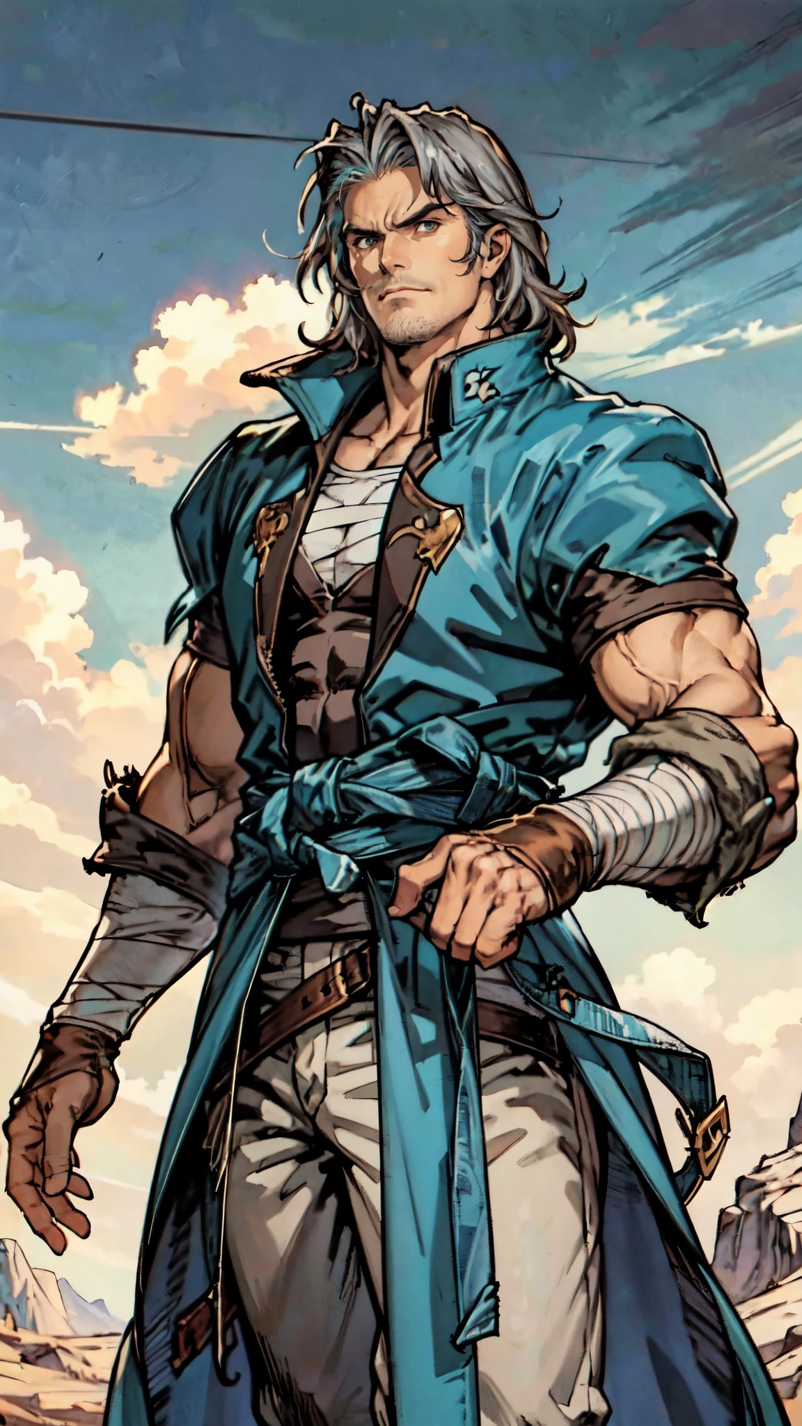 (masterpiece:1.2, best quality:1.2, extremely delicate:1.2), ((male:1.5)), a middle-aged man with wild disheveled long teal hair, resolute gaze, serious expression, ruggedly handsome face, some stubble, simple fantasy-style two-piece hunter outfit, a gray short-sleeve shirt, a brown sleeveless fur coat, a cloth belt around his waist, entire arms are fully wrapped with bandages, coarse fabric trousers, standing proudly atop a mountain peak, this character embodies a finely crafted fantasy-style hunter in anime style, exquisite and mature manga art style, dramatic, high definition, highres, ultra-detailed, ultra-fine painting, professional, perfect body proportions, golden ratio, anatomically correct, symmetrical face, extremely detailed eyes and face, high quality eyes, creativity, RAW photo, UHD, 32k, Natural light, cinematic lighting, (masterpiece-anatomy-perfect:1.2)