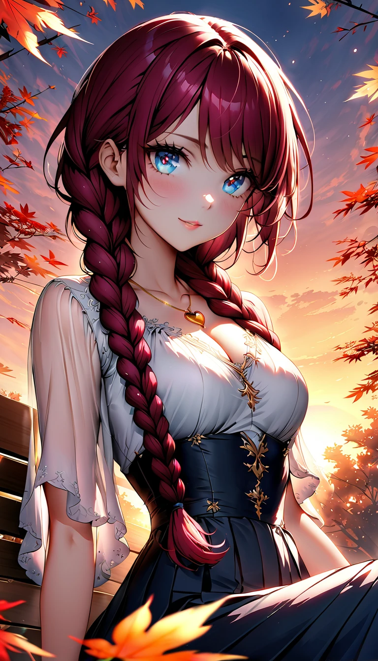 1girl, solo, village, trees, flowers, brown hair, long hair, curly hair, ponytail, large breasts, white top, ((opened light brown west sweeter)), cleavage 1:3, blue eyes, ((red black skirt)), smile, looking at the viewer, standng, hair ribbon, golden necklate