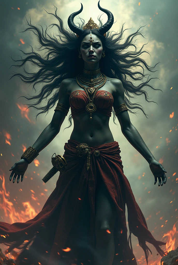 Combination of a abused lady and Kali god
