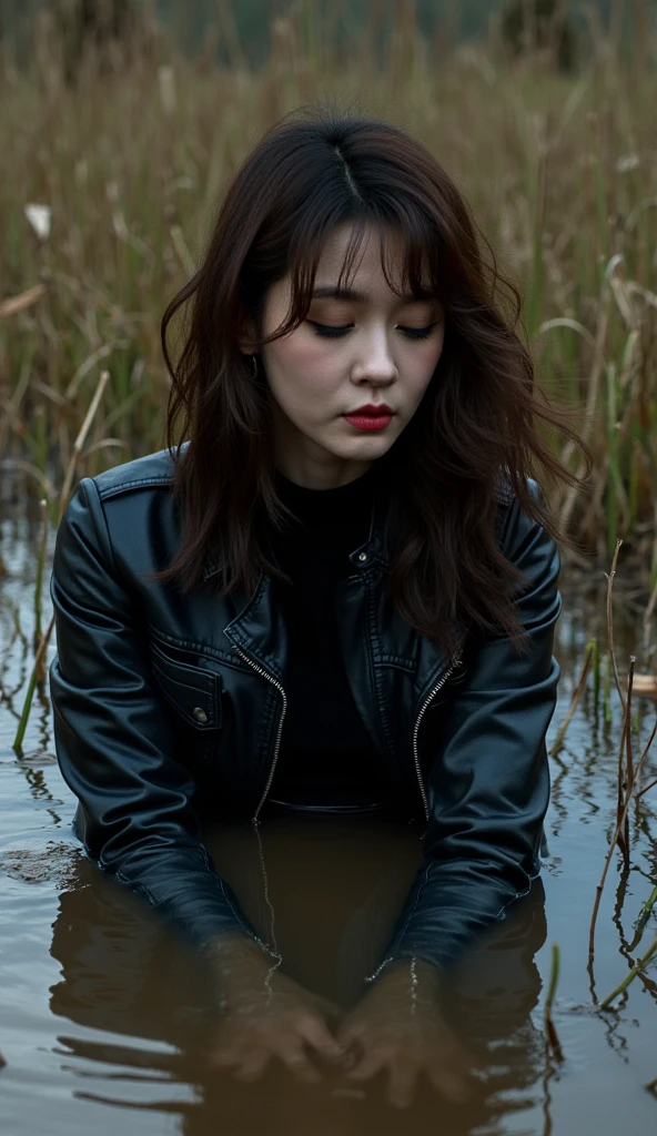 ( Best quality,4K, high definition , Realistic, vintage art), close-up stuck woman ,  plunged into a viscous messy sludge, turtleneck, denim jeans, denim jeans,  tight leather jacket , wild and creepy nature environment , A vintage dark and mysterious , weed , Soft Lighting ,muted colors, viscous sludge, reeds, shemeful kinky pleasure, dusk