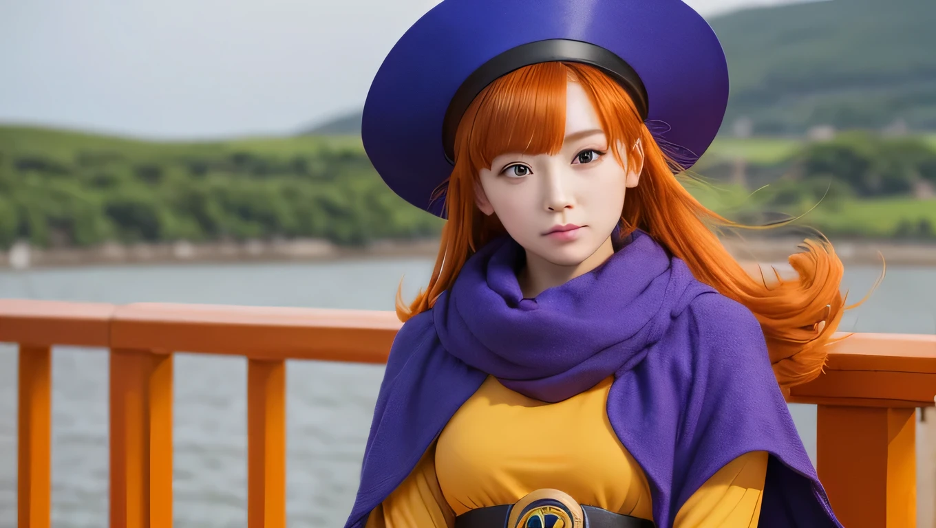 Girl、 has orange wavy hair and purple eyes。Wear a big blue hat、 also wears a blue cloak 。 serious expressions、Wears a yellow tunic 、 has a waist tightened with black tights and a belt 。 wears orange gloves on her hands 、 wears orange boots around her feet 。Travels on a ship 、On board、Land can be seen in the distance