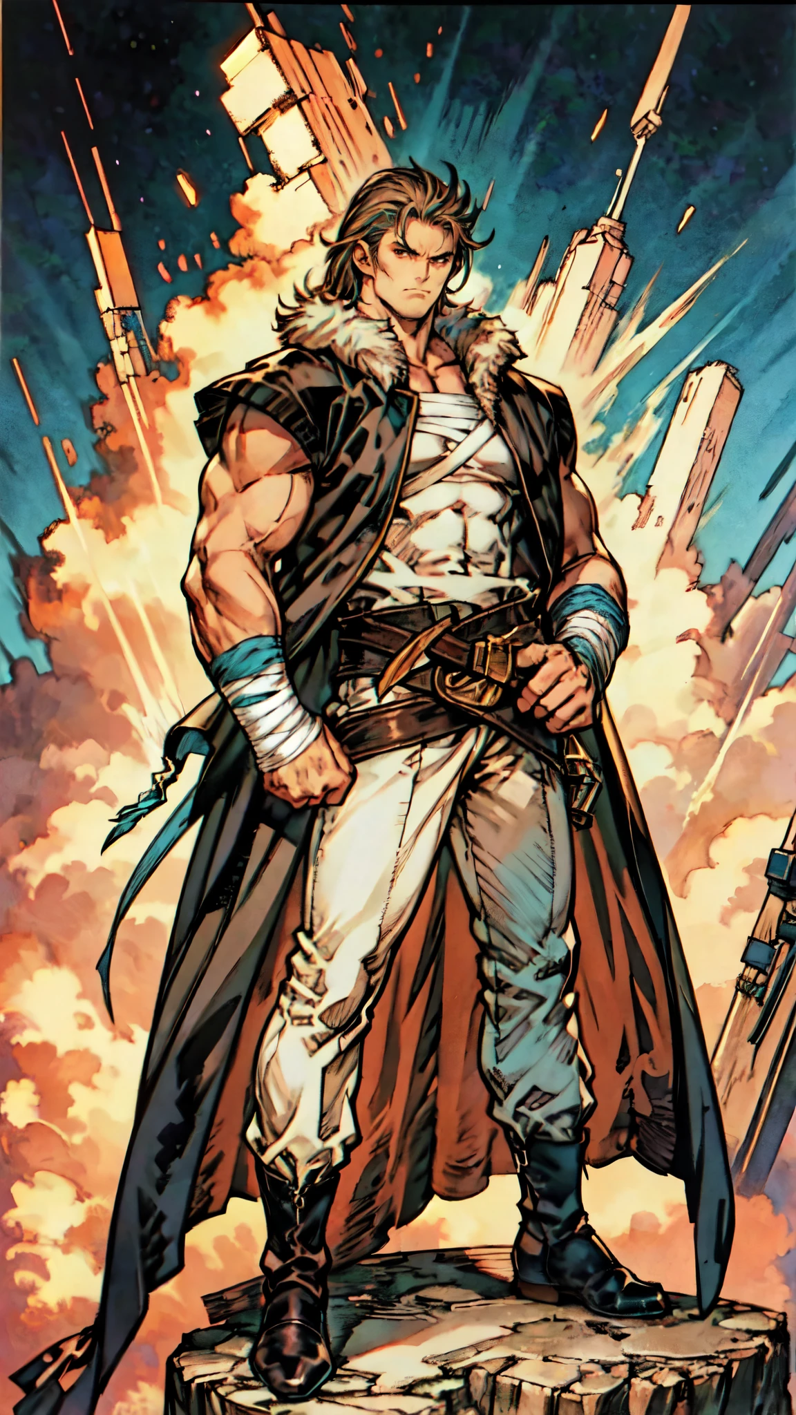 (masterpiece:1.2, best quality:1.2, extremely delicate:1.2), ((male:1.5)), a middle-aged man with wild disheveled long teal hair, resolute gaze, serious expression, ruggedly handsome face, some stubble, simple fantasy-style two-piece hunter outfit, a gray short-sleeve shirt, a brown sleeveless fur coat, a cloth belt around his waist, entire arms are fully wrapped with bandages, coarse fabric trousers, standing proudly atop a mountain peak, this character embodies a finely crafted fantasy-style hunter in anime style, exquisite and mature manga art style, dramatic, high definition, highres, ultra-detailed, ultra-fine painting, professional, perfect body proportions, golden ratio, anatomically correct, symmetrical face, extremely detailed eyes and face, high quality eyes, creativity, RAW photo, UHD, 32k, Natural light, cinematic lighting, (masterpiece-anatomy-perfect:1.2)