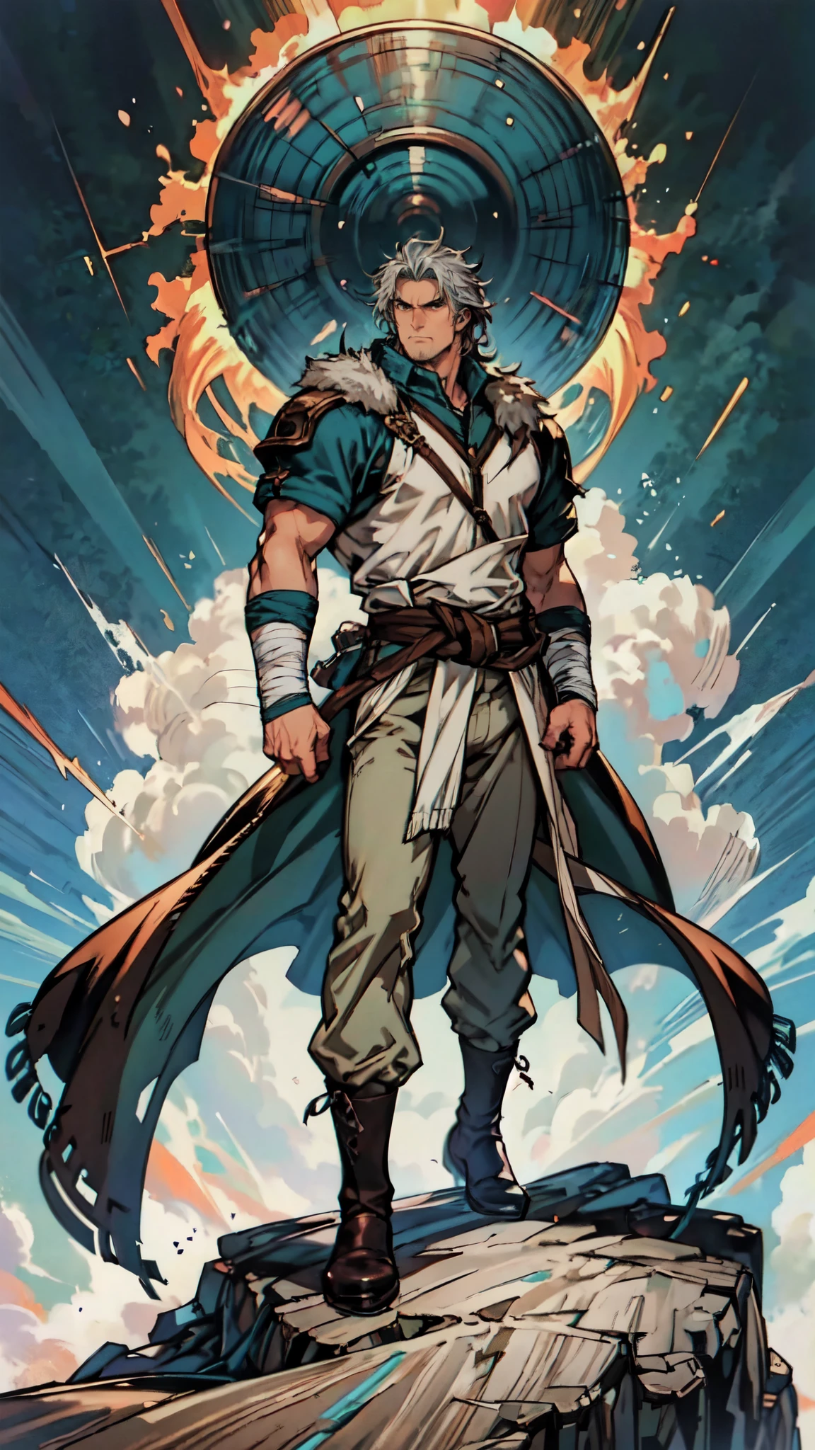 (masterpiece:1.2, best quality:1.2, extremely delicate:1.2), ((male:1.5)), a middle-aged man with wild disheveled long teal hair, resolute gaze, serious expression, ruggedly handsome face, some stubble, simple fantasy-style two-piece hunter outfit, a gray short-sleeve shirt, a brown sleeveless fur coat, a cloth belt around his waist, entire arms are fully wrapped with bandages, coarse fabric trousers, standing proudly atop a mountain peak, this character embodies a finely crafted fantasy-style hunter in anime style, exquisite and mature manga art style, dramatic, high definition, highres, ultra-detailed, ultra-fine painting, professional, perfect body proportions, golden ratio, anatomically correct, symmetrical face, extremely detailed eyes and face, high quality eyes, creativity, RAW photo, UHD, 32k, Natural light, cinematic lighting, (masterpiece-anatomy-perfect:1.2)