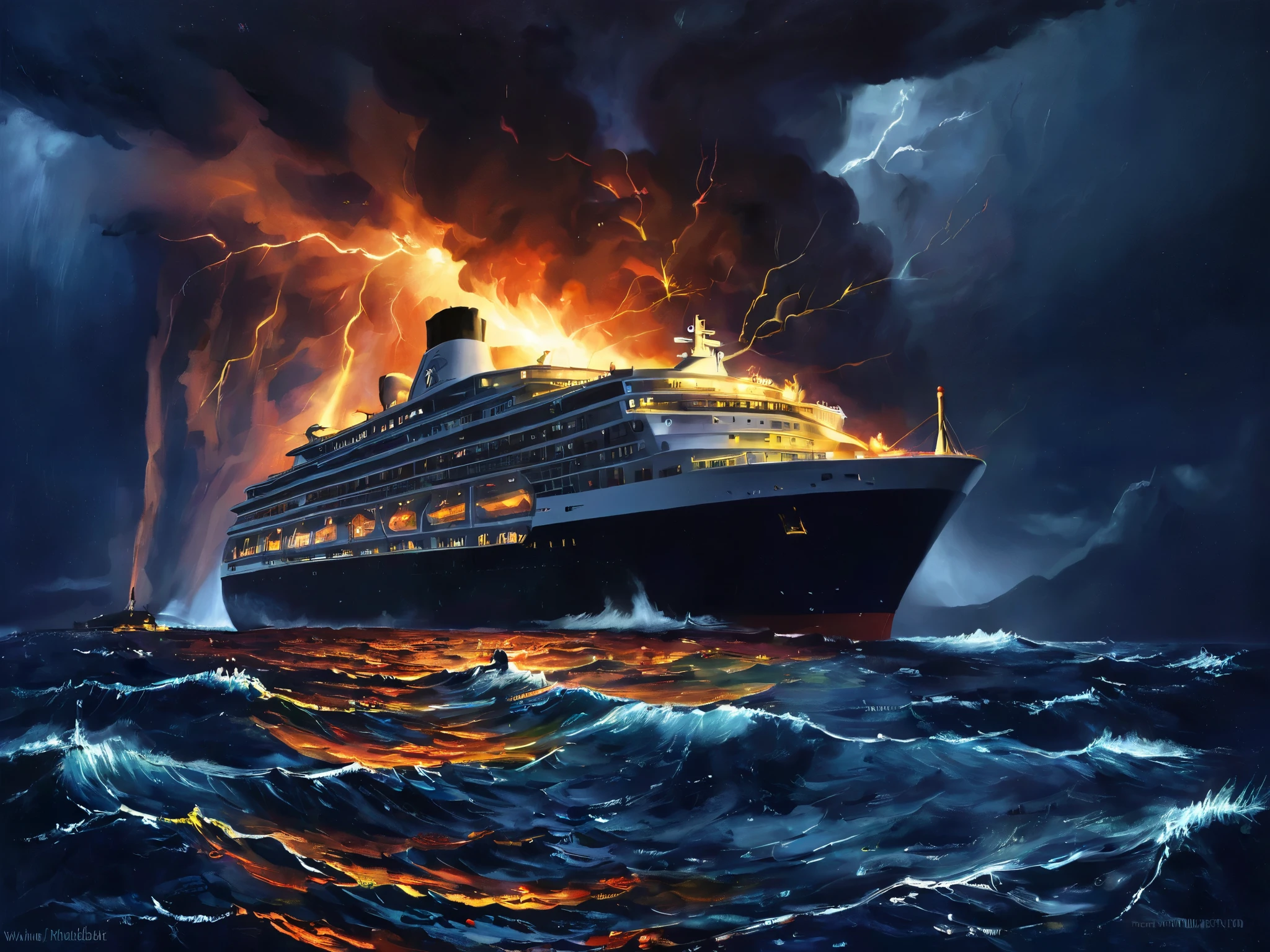 A large cruise ship sailing in a stormy ocean at night, with a volcanic eruption in the background and lightning flashing in the sky. The ship is illuminated against the dark, dramatic sky and waves