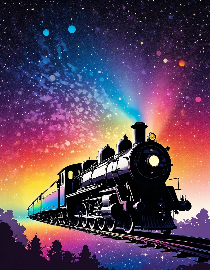 Shadow art, silhouette art, everything except the shadows is colored with colored cellophane, A fairy tale steam locomotive emerges from the center of the nebula, (Fairy tale steam locomotive running through the starry sky of space), (Many colorful beautiful stars, Gradient space background, Colorful space nebula, Milky Way of colored cellophane, Star-studded universe), A unique floating sensation, rainbow highlights, "Night on the Galactic Railroad", Seiji Fujishiro art. shadow minimalism, ink art