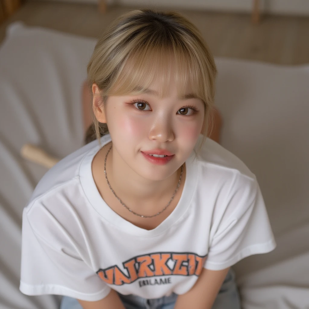 Crop Tee,  Looking at viewers, bed, , Add , Blonde, Short hair, Cuteness