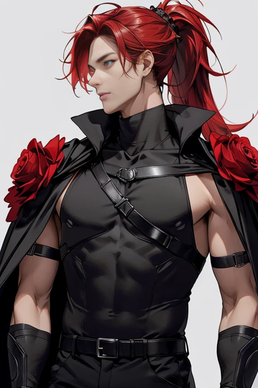 full HD, 4K, better quality, ((1 Adult man, 40 years))), male with RED hair, grey eyes, ponytail, (black turtleneck, black trousers), Black background, Large assembly, Pumped up body, good anatomy, (super detailed face), (Detailed eyes, Even the eyes), soft look, soft expression, Dynamic pose in a black cloak, military, glowing light, ( red roses at the background ), look to the side, medival style, (Shoulder armor,chest armor,black cloak), knight of beauty, very long hair