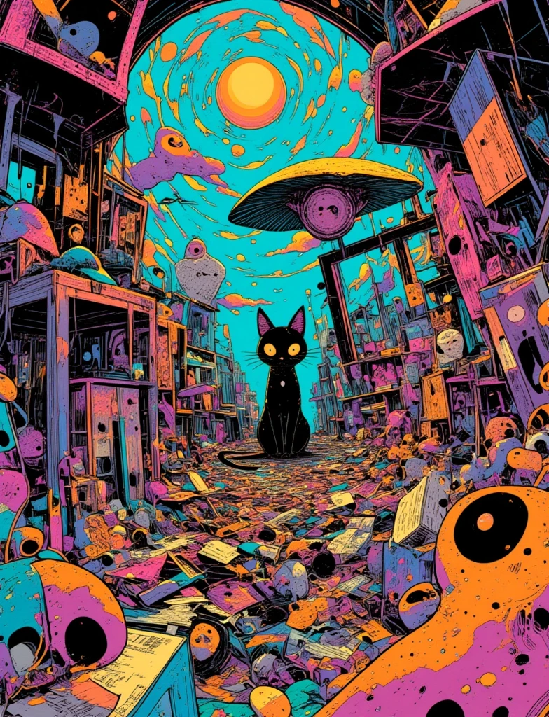  Illustration of a cat sitting in a room with lots of things、junji ito’s uzumaki、Kazuo Umezu Artwork、 by Junni Ito 、 psychedelic、LSD Manga 、Swirl