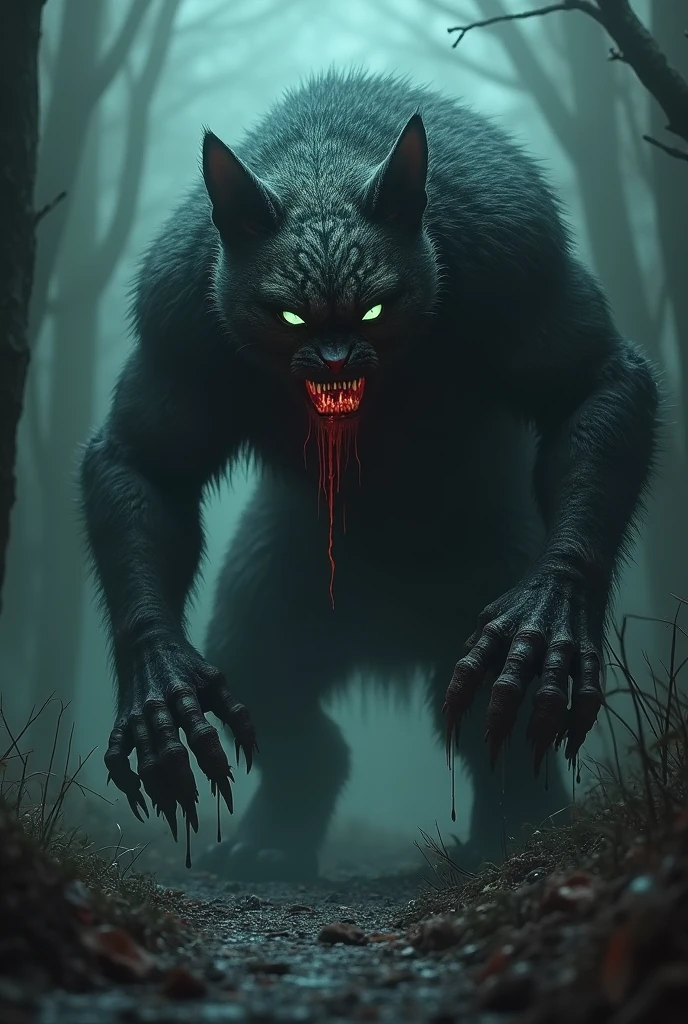 (Werewolf 1.5)(bloody teeth5)(clothes broken apart 1.5)(red eyes) (terrifying smile) In a weed farm