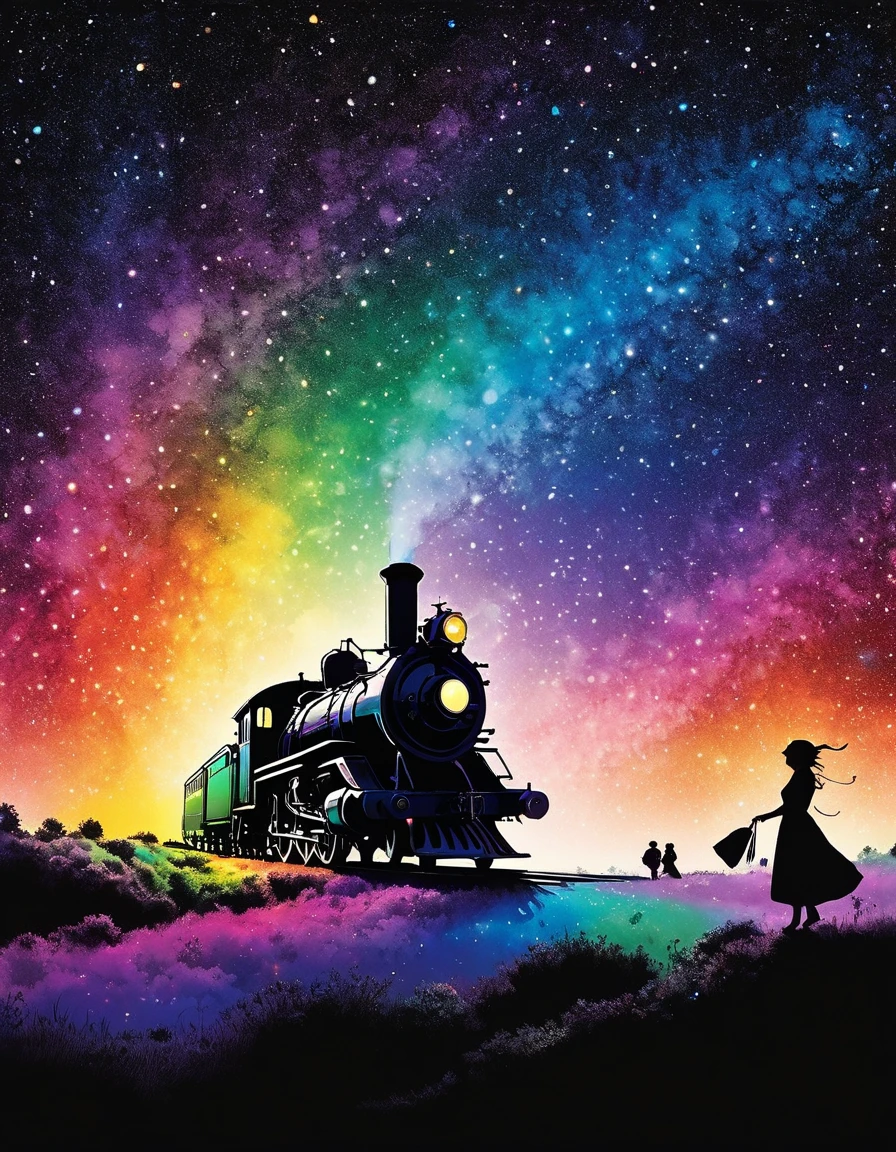 Shadow art, silhouette art, everything except the shadows is colored with colored cellophane, A fairy tale steam locomotive emerges from the center of the nebula, (Fairy tale steam locomotive running through the starry sky of space), (Many colorful beautiful stars, Gradient space background, Colorful space nebula, Milky Way of colored cellophane, Star-studded universe), A unique floating sensation, rainbow highlights, "Night on the Galactic Railroad", Seiji Fujishiro art. shadow minimalism, ink art