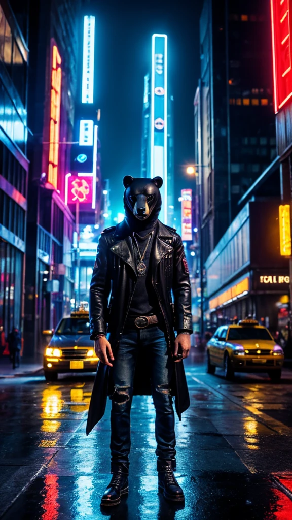 (masterpiece, high quality, detailed drawing, video game, watch dogs legion, lots of details, neon, punk style, poster, official art, realistic, 8k wallpaper) On the street of the night metropolis there is a man leaning on a taxi, he has a smartphone in his hand, the other hand is in the pocket of black jeans, legs crossed, a bear mask with a cigar on his head, looks at us, the taxi stands in front of us and illuminates with its neon headlights, it is raining, the night city shimmers with neon, puddles on the asphalt.