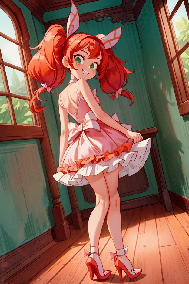 (Masterpiece, best quality) standing indoors with intricate details and sunlight, 1girl, red hair, twintails, green eyes, hair bow, pink and white frilled dress with short neckline,orange heels shoes, Mischievous smile, teeth showing, bad girl, sexy pose, coquette, beautiful long legs, teen girl, gorgeous body, pronounced breasts.
