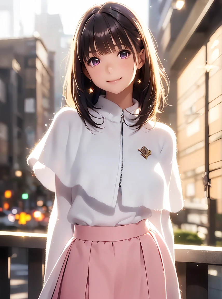     High Definition to keep your legs loosely aligned  ,In 8K,  best quality ,  Details, semi-realistic anime , D-anime style ,  Smooth Anime CG  ,  one girl who is at ease,   19-year-old Japanese woman , ((Beauty)),  slim,modeling,((Sparkling Eyes)),(( medium hair)),(( straight beautiful hair )),((White Capelet)),((felt skirt )),(( Maroon Sparkling Hair )),  pink lips,  Shiny Brown Hair ,  Detailsな顔,Beautiful and   Details,,((深い青紫色のSparkling Eyes)),((Open your mouth)),(Smile)((Marunouchi at night )),((Beautiful light up bokeh background with emerald accents )),(( beautiful light up bokeh background )),(( look at the camera)),