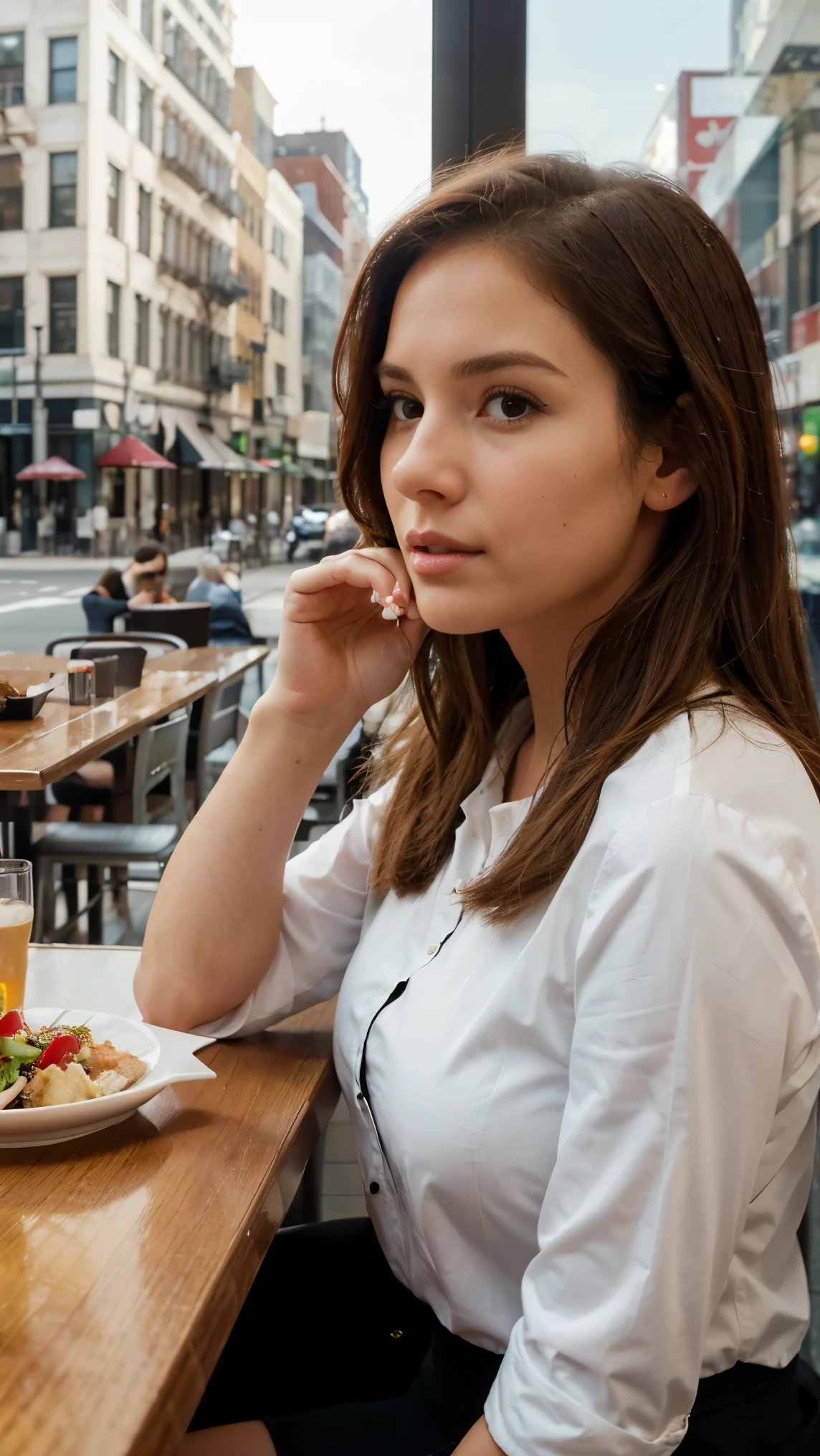 A photorealistic portrait of a 21-year-old colombian girl with long, eating in paris . She should have a natural, approachable expression and be illuminated by soft, golden-hour sunlight. The background should be a scenic outdoor setting, perhaps a sunlit park or beach. Capture this image with a high-resolution photograph using an 85mm lens for a flattering perspective.