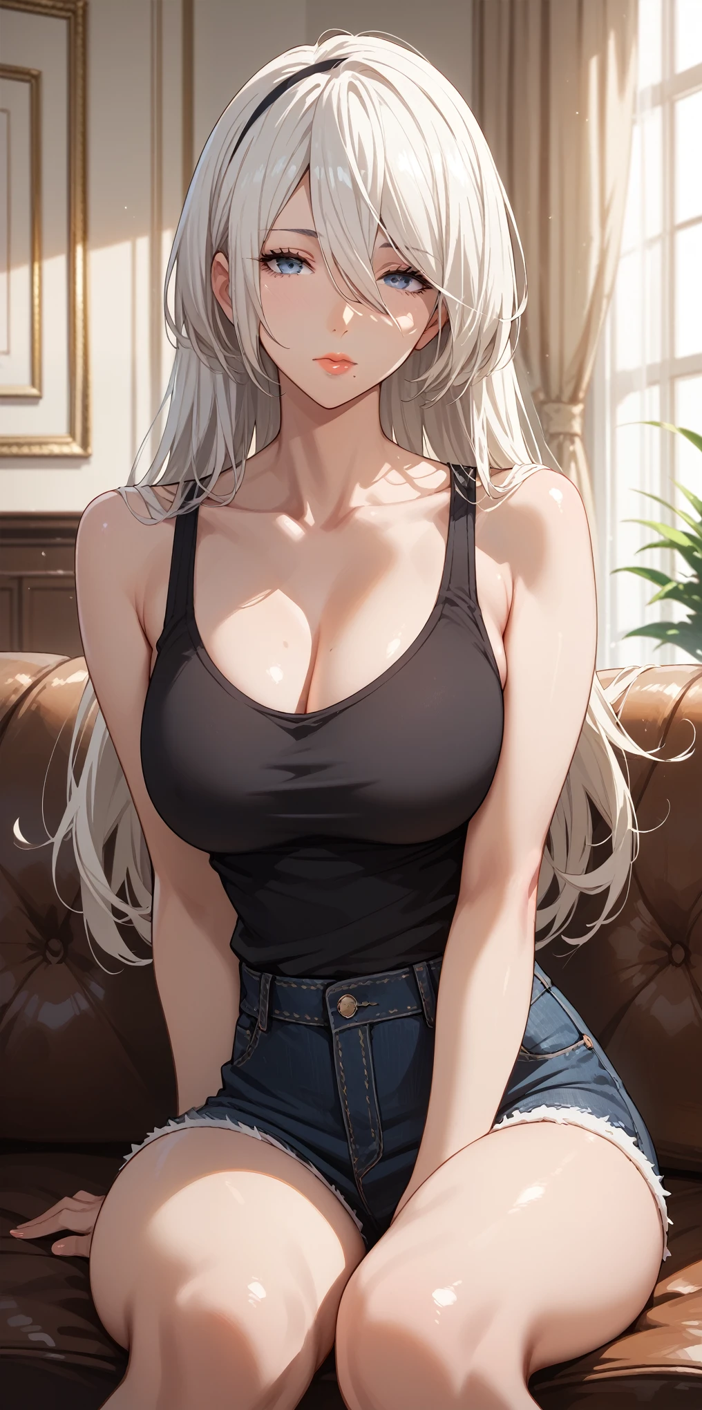 Score_9, Score_8_up, Score_7_up, Source_anime, anime art, anime style, very aesthetic, masterpiece, high quality, 1girl, cool character, mature woman, milf, curvaceous, mole under mouth, black tank top, short pants, white hair, long hair, hair between eyes, expressionless, sitting on sofa, close up, 2b, yorha no. 2 type b