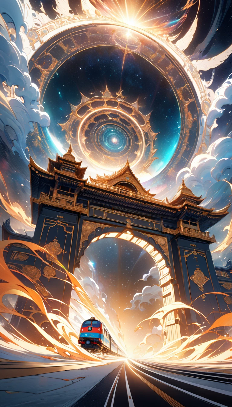 An ethereal train adorned with celestial patterns and divine symbols of Hindu gods racing towards a colossal ornate gate, The scene captures the precise moment of impact as the train begins to dissolve and vanish into the swirling mystical energy of the gate, The train depicted in color tones with hints of ethereal light appears to be tearing through the very fabric of space-time, Styled like a traditional sumi-e (watercolor) painting this dynamic and grandiose cosmic journey is set against a void-like background to emphasize the otherworldly atmosphere, chromatic aberration abuse, UHD, retina, masterpiece, accurate, super detail, high details, high quality, 16k, award winning