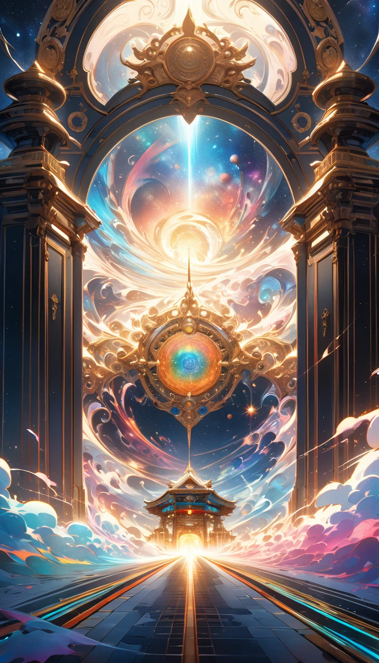 An ethereal train adorned with celestial patterns and divine symbols of Hindu gods racing towards a colossal ornate gate, The scene captures the precise moment of impact as the train begins to dissolve and vanish into the swirling mystical energy of the gate, The train depicted in color tones with hints of ethereal light appears to be tearing through the very fabric of space-time, Styled like a traditional sumi-e (watercolor) painting this dynamic and grandiose cosmic journey is set against a void-like background to emphasize the otherworldly atmosphere, chromatic aberration abuse, UHD, retina, masterpiece, accurate, super detail, high details, high quality, 16k, award winning