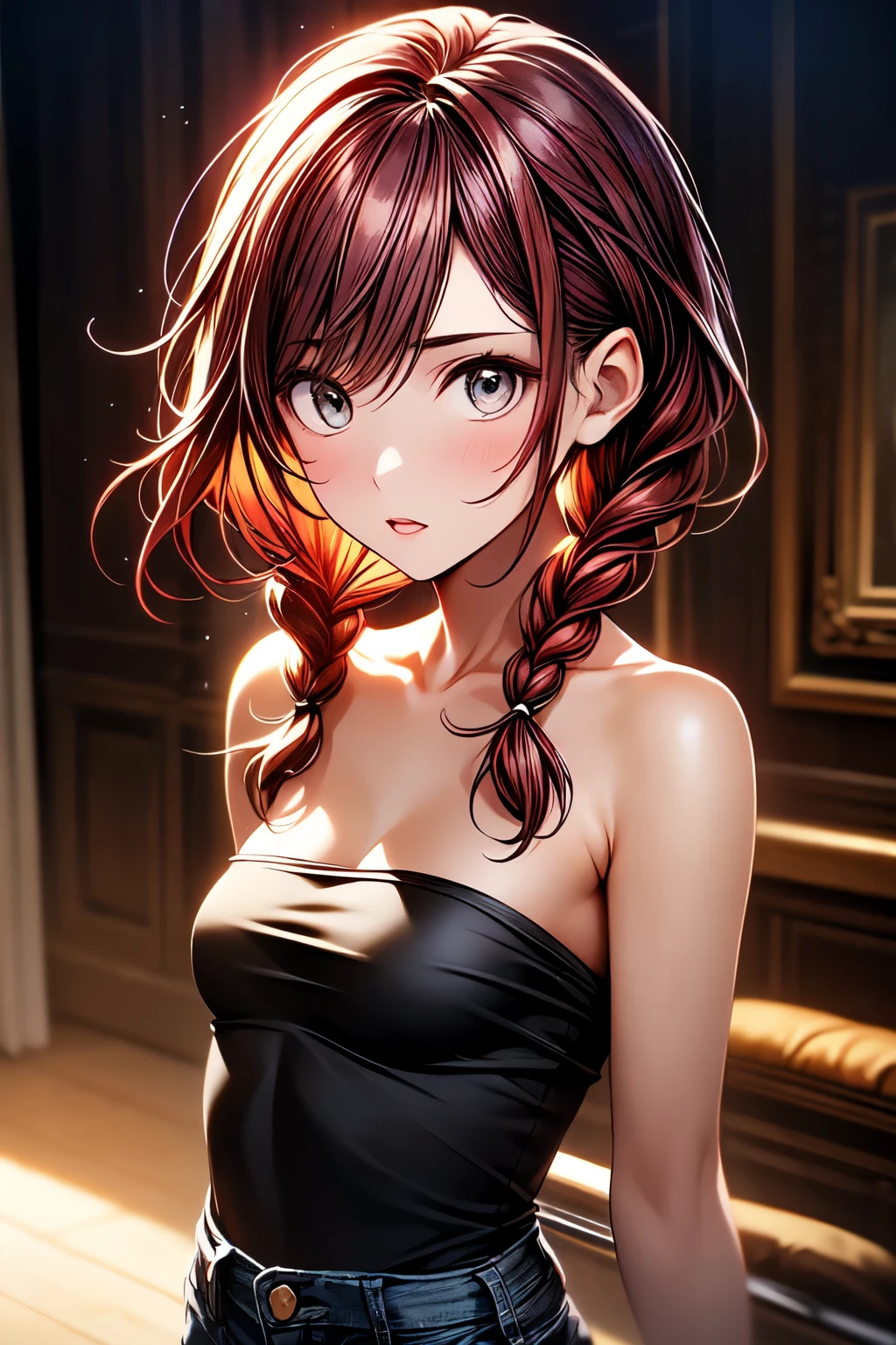 thin, 1 expressionless girl, stoic, looking to the side, beautiful face, Gray eyes, red hair, swept bangs, twin braids, gray strapless tank top with white trim, black jeans, small breasts, toned arms, ( better quality , high resolution), oil painting:1.1, ( vibrant colors, Soft lighting), (detailed eyes, Detailed lips ).