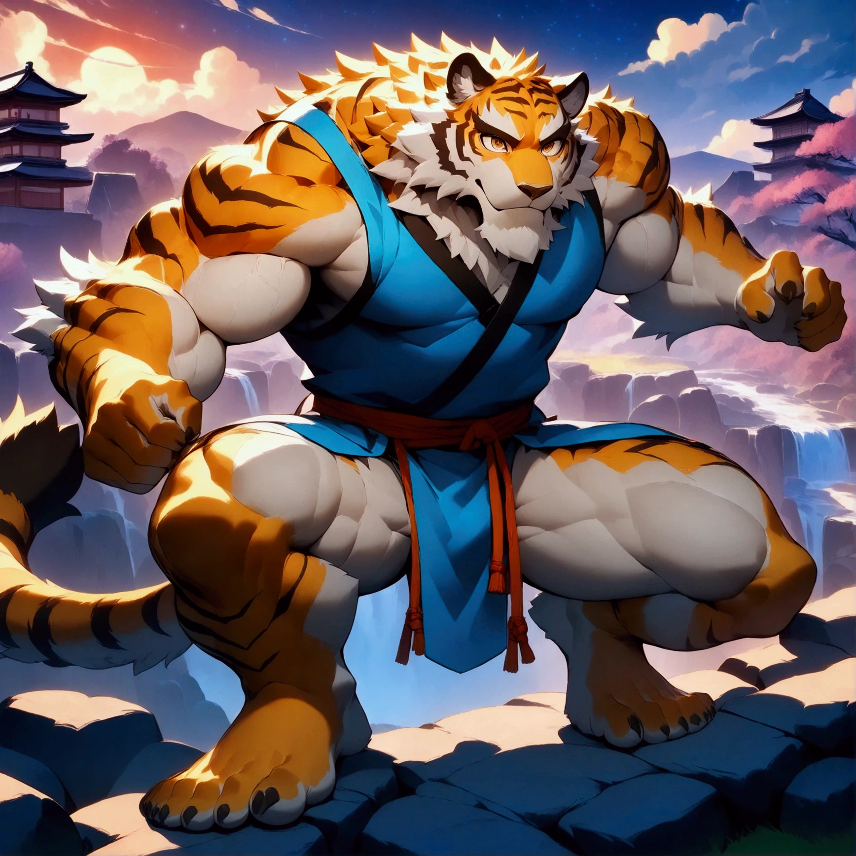 character focus, full body, looking away, dynamic angle, ninja, a muscular middle-aged tiger man, full body in Michelangelo Buonarroti style, housamo style, digital illustration anime, character focus, full body, looking away, dynamic angle, BREAK ninja costume clothes, ninja suits, standing, crossing one's arms, dynamic pose, detailed painting landscape, starry sky, kyoto, waterfall, outdoor, full color, HDR, BREAK complete anatomy, perfect proportions, beautiful thigh gap, fluffy body, intricate fur details, beautiful fur texture, BREAK a detailed tiger 1tail, detailed toe, 5toes, 5toes nails, beautiful foot, detailed hands, 5fingers, 5fingers nails, BREAK aesthetic anime face, insanity detailed face, male face, big face, square jawline, aesthetic anime eyes, detailed brown eyes, detailed brown cornea, detailed dark brown irises, detailed pupils, male eyes, big eyes, male eyebrows, innocent look, beautiful beard, BREAK masterpiece, official art, best quality, very aesthetic, absurdres, super fine illustration, great quality, BREAK noise reduction, very highres, large filesize, high quality, 32K, 8k wallpaper, dynamic lighting, BREAK insanity detailed, ultra detailed, intricate details, extremely detailed, detailed texture, an extremely delicate and beautiful, BREAK e621 illustration, osukemo, kemohomo, anthropomorphic, furry, cartoon, harmonious body, pastoral face, virtuous eyes, epic atmosphere