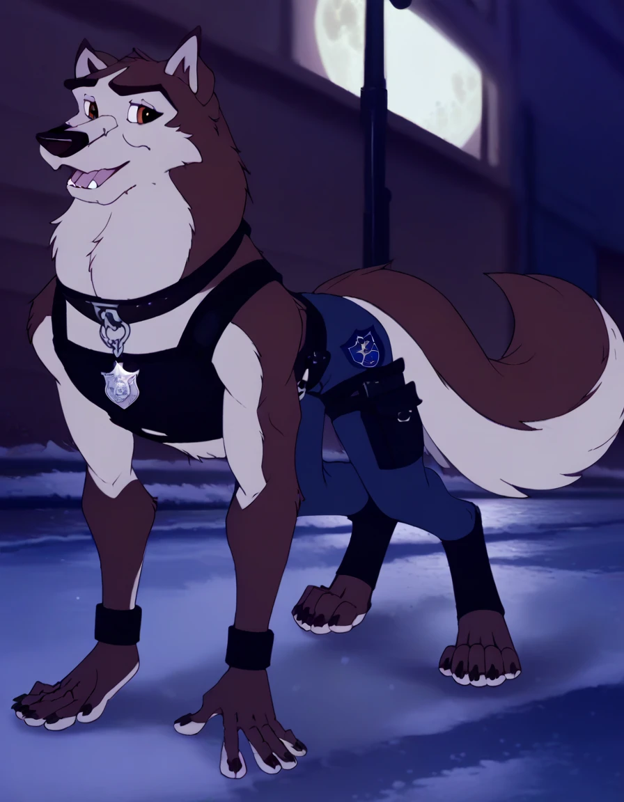 a very long haired, anthro, furry, wolf, wearing a black police safety vest, harness, chain collar, badge on chain collar, patrolling the streets of the city, night, full moon, long slender snout, crouching, hands on the ground, Walking on all fours 
 