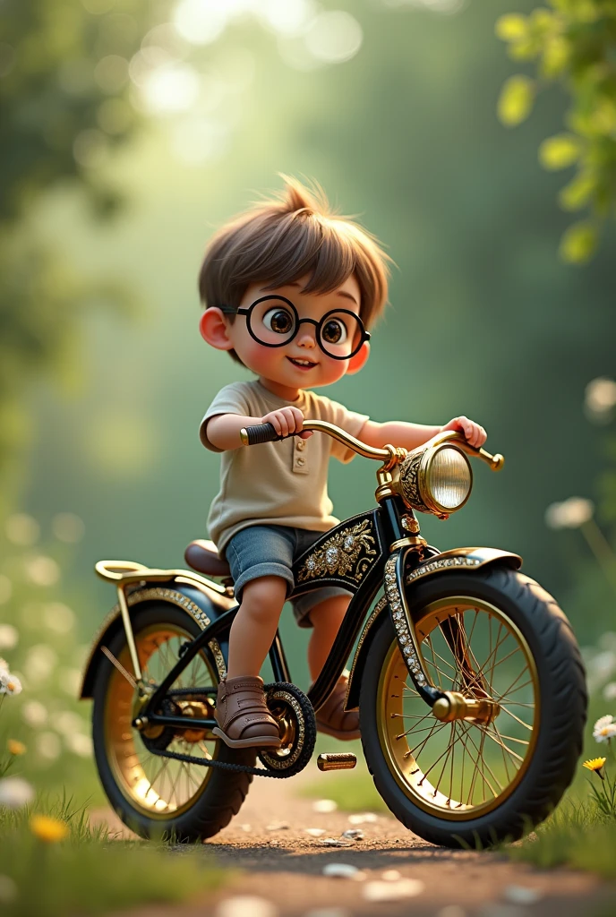 Petit garçon pleurant avec yeux bleus et brun sur une bicyclette 