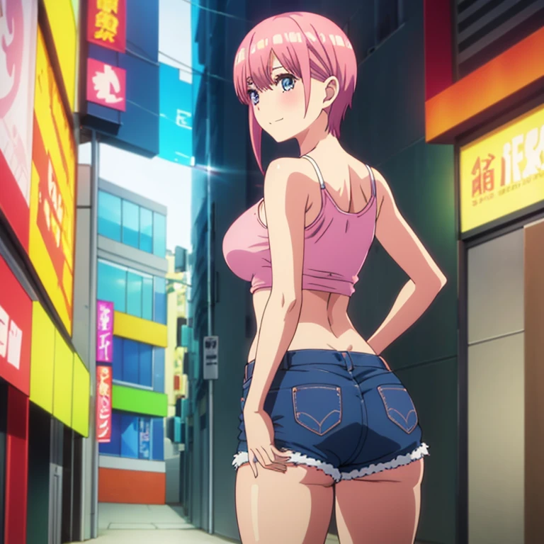 1 girl,solo,ichika nakano,short hair,salmon pink hair,blue eyes,smooth light skin,detailed eyes,looking at viewer,pink hair,earrings,standing,underwear,shorts,panties,breasts,open fly , ribbon, navel, hair band, big breasts, camisole, opaque yellow camisole, cleavage, smile, bowknot panties, two sides up, midriff, unbuttoned, shorts, open shorts, denim, unbuttoned, ,sexy body, curvy body, dynamic pose, bag, bangs, high quality, big breasts, medium waist, wide hips, medium thighs, outdoors, japanese style city, shibuya, street, (1 girl), (only), de foot, best quality, ultra detailed, masterpiece, looking back, from behind, ((focus on ass)), (round butt) point of view (from below), perfect anatomy, perfect hands