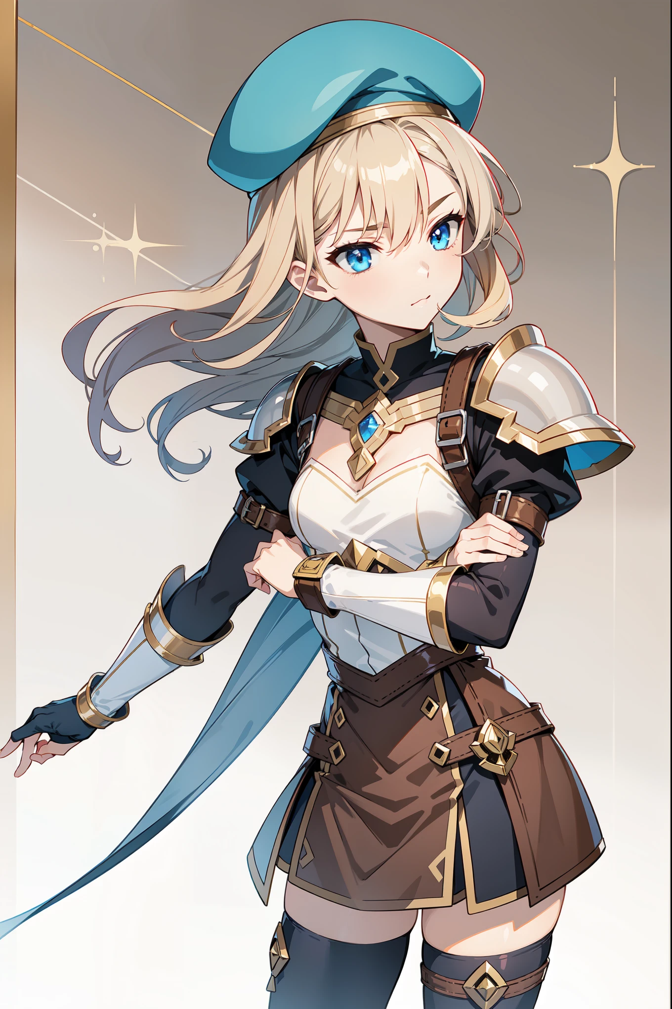 Image is a digital illustration of a stylized, ragnarok online-like archer character with a fantasy theme. The character has light skin, large blue eyes, and short, spiky blonde hair. They are wearing a brown beret adorned with a small emblem, a white and brown outfit with leather straps, and metallic armor on the arms and legs. The character holds a bow with a unique design featuring gold and brown accents. The background is plain white