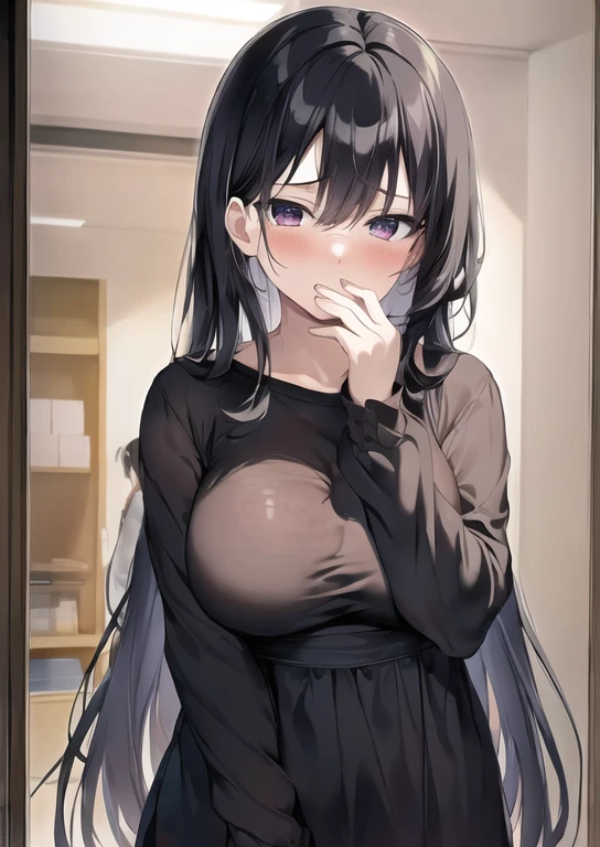 (masterpiece,  best quality ,  highest resolution,  clear_image,  Detailed Details ): Alone、 anime style、 cute girl、 long hair、 black hair, Shy girl, Big Breasts,  no underwear, Partly removed clothes, Disheveled clothing, Girl watching the audience ,  dressing room, School,  embarrassed , blush, I'm ashamed to cover my face with my hands