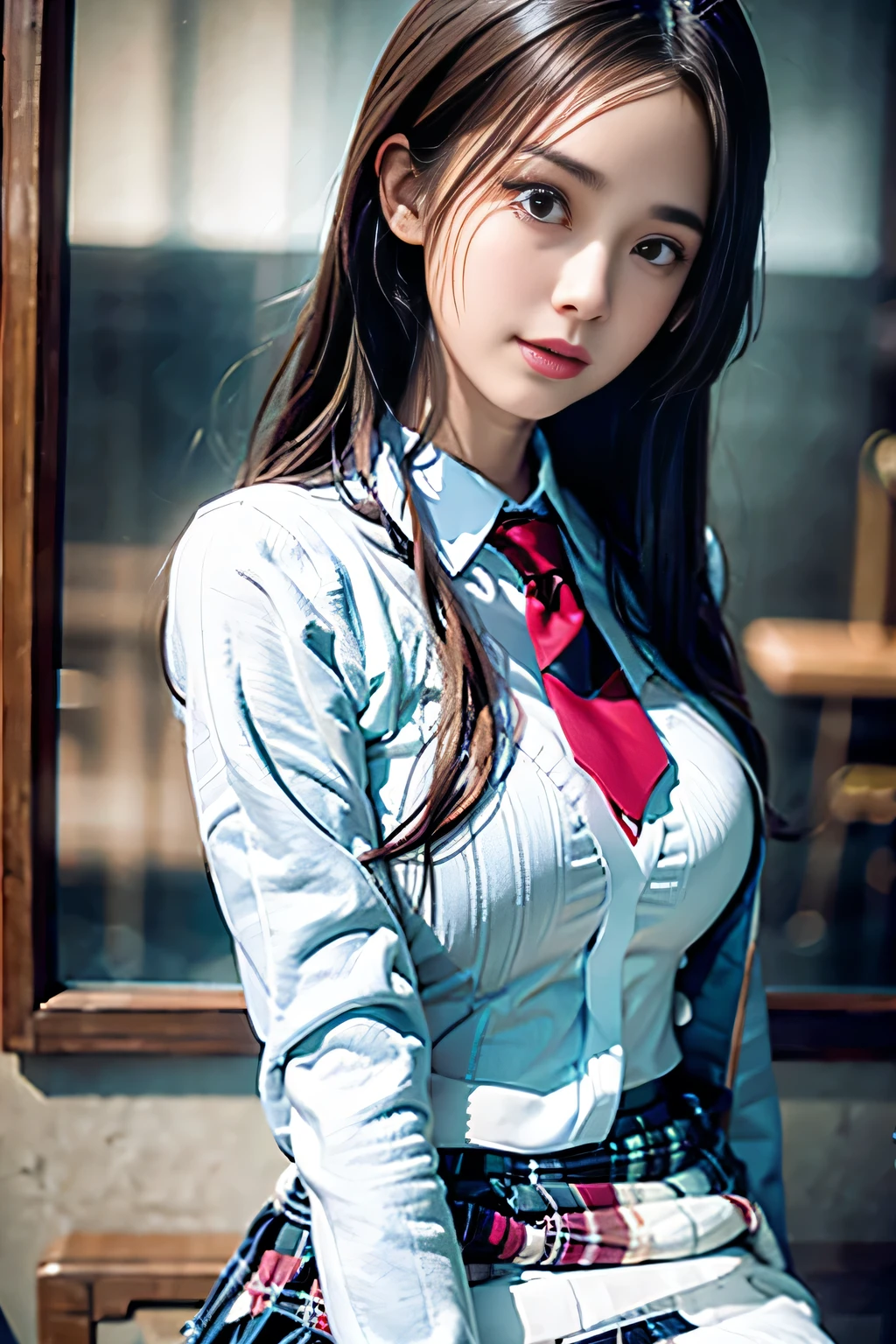 Pretty girl,, (Z-cup oversized swelling exaggerated breasts), (Cover the breasts),Wearing a Chinese school uniform,Arm on the table,bent down,Pout your ass,Lifted up skirt,School skirt that exposes all butts,Pose with various gestures,Full body photo,full-body portraits,Take a picture of your back