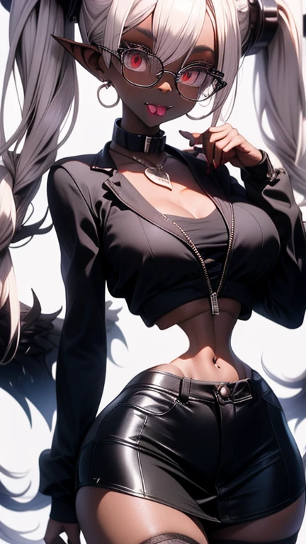 alone, Reptile Eyes ,Red eyes , Slanted Eyes , school girl, Japanese gal ,glasses , 
Long Hair ,Blonde, TWO SIDE UP , silver hair color , Covered breasts, (dark skin:1.3),
Long pointed ears,  hoop earrings, mole under the eye , black blazer , shirt , red skirt , necktie , cane in the left hand , no beast ears ,
 rough breathing, Tongue out,  long tongue,
 Big Breasts , Tight waist, micro waist , large breasts , 
gaze, knee socks ,
 out of your belly button、Navel piercing, Detailed body、Very detailed painting, Luminism、4K resolution、3D rendering、Exquisitely crafted ,Digital photography soft natural light,
long nails、,  high definition , masterpiece, Vertical pupil/Cat's eyes, Licking your lips, black lip gloss , Licking your lips,  long tongue,  rough breathing, 