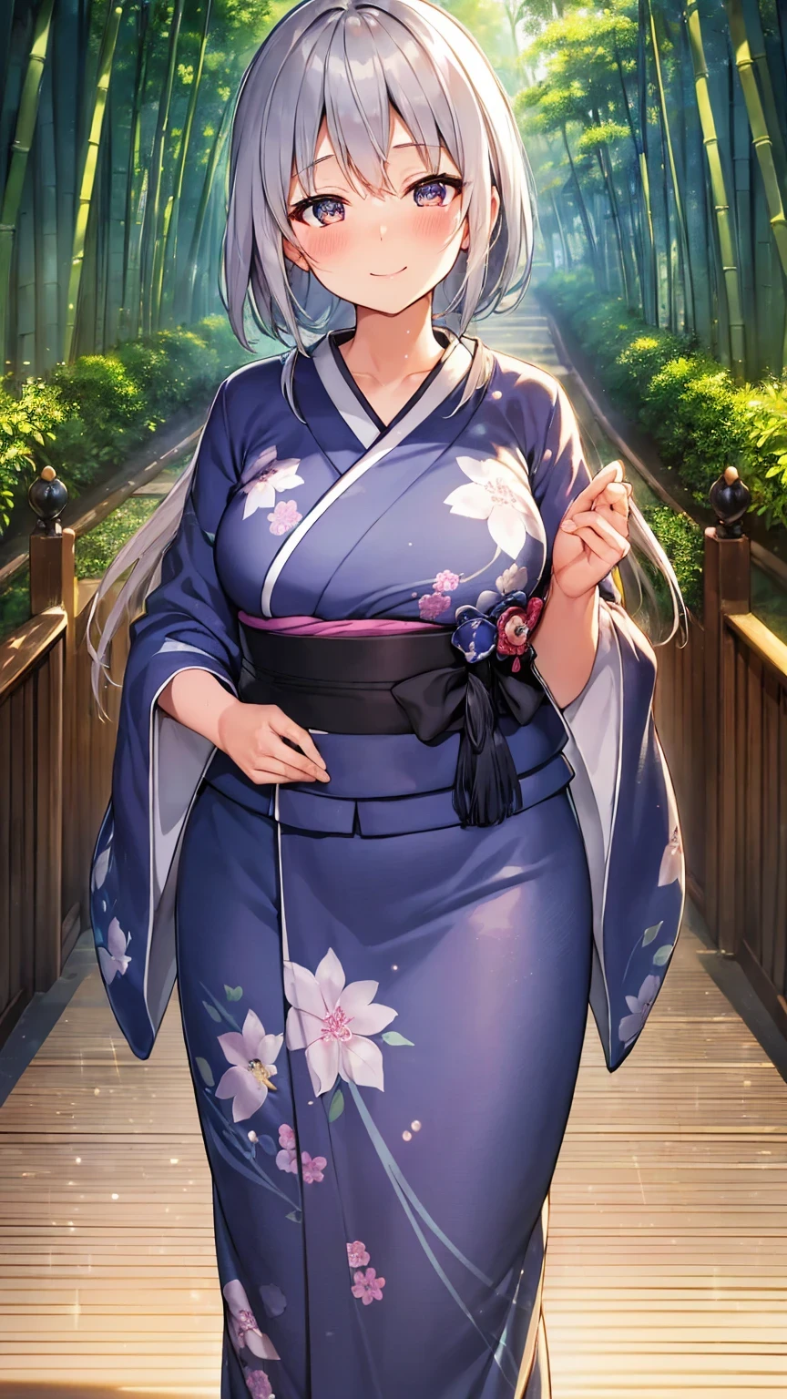 A woman with green hair is wearing a blue jacket。, highly detailed kimono, wearing kimono, wearing a kimono, classic kimono, ((wearing a noble robe)), in a kimono, in kimono, Fashion Gameplay Screenshots, kimono, wearing royal kimono, kasumi arimura style 3/4, hints of yayoi kasuma, wearing a haori、(((Cleavage)))、はだけたkimono、Big Tits、、Looking at the photographer、Big eyes、((Bandaged on the belly))、Festival of the Japan、A row of food stalls、smile、