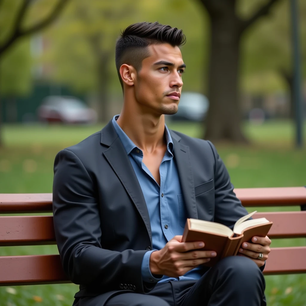 Ronaldo in a suit, small head, extremely detailed skin, reading book on park bench, blurred background.