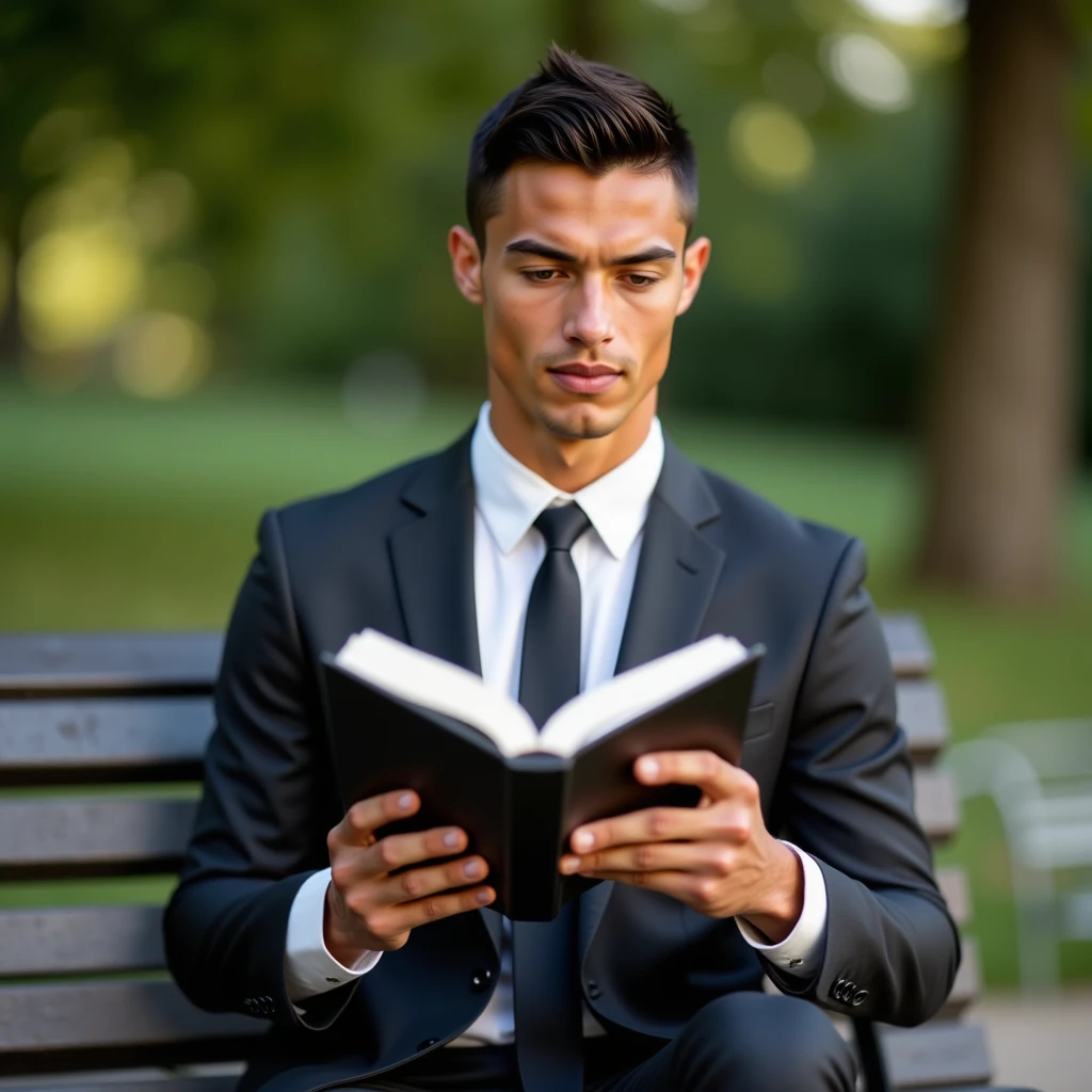 Ronaldo in a suit, small head, extremely detailed skin, reading book on park bench, blurred background.